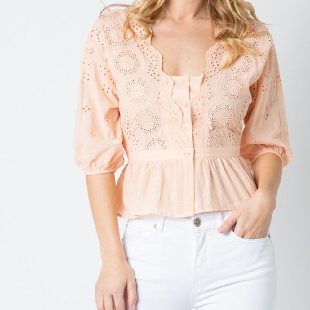 Blush Eyelet Scallop Lace Cotton Peplum Blouse Top